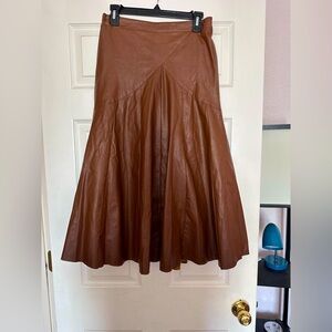 Faux leather Brown Pleated Midi A-Line Skirt for Work